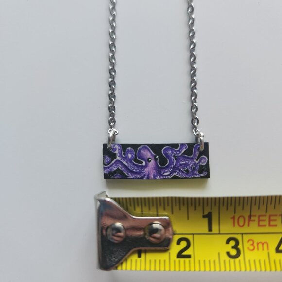 Weirdcore cute octopus rectangle pendant on a small silver chain necklace - Picture 2 of 7